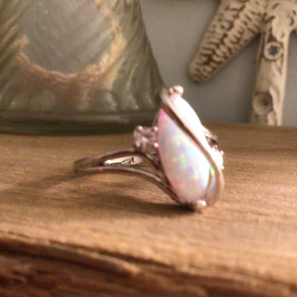White Gold Plated Brass Created Fire Opal with cubic zirconia sz 6 - Picture 5 of 8